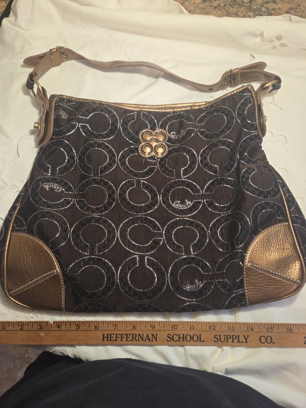 Coach Brown Signature Canvas Shoulder Bag with Bronze Leather Trim